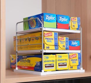 Extendable 3-Tier Holder for Heavy Items, Jars, Bottles, Cans, Plastic Bags, Wrap, Foil, Snack and Box for Kitchen,Counter, Cabinets